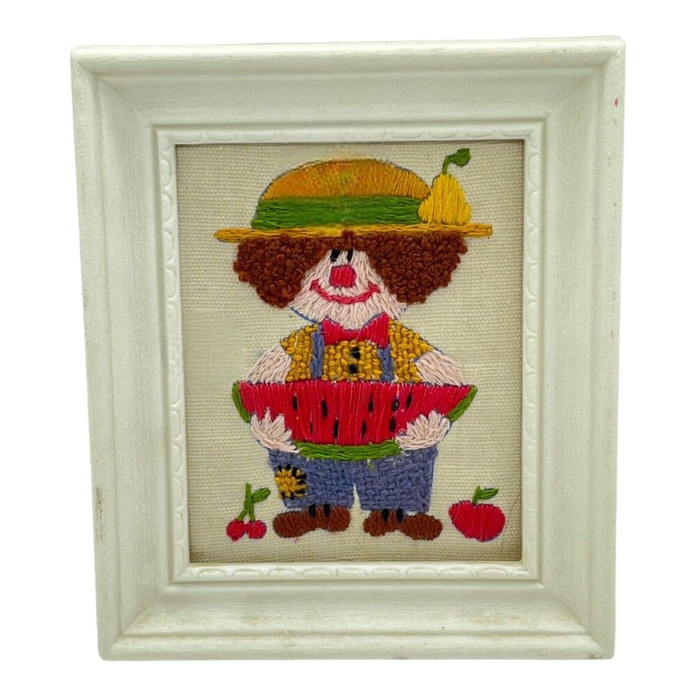 Watermelon Farmer Crewel Embroidery Piece Fruit Framed 1970s Decor Kitsch Art